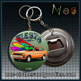 Badge / magnet / bottle opener key ring Ford fiesta 1978 orange