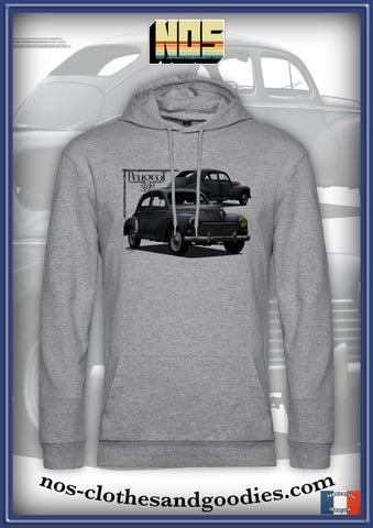 sweat capuche unisex Peugeot 203 grise 1952 av/ar