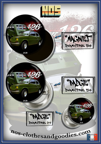 Badge/magnet/ porte clé décapsuleur Fiat 126 av/ar verte
