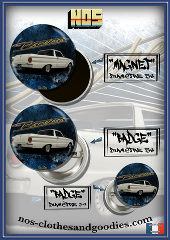 Badge / magnet / porte clé décapsuleur Ford ranchero blanc arrière 1963
