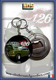 Badge/magnet/ porte clé décapsuleur Fiat 126 av/ar verte