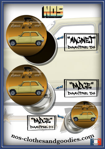 Badge / magnet / porte clé décapsuleur Renault R5 jaune profil