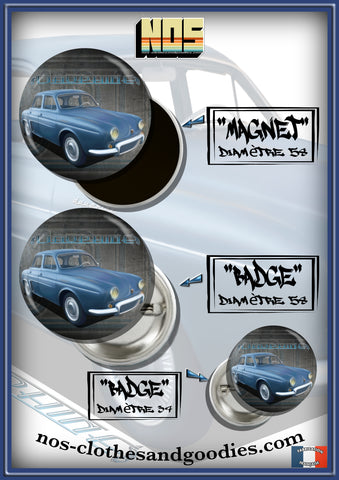 Badge/magnet/porte clé décapsuleur Renault Dauphine bleue