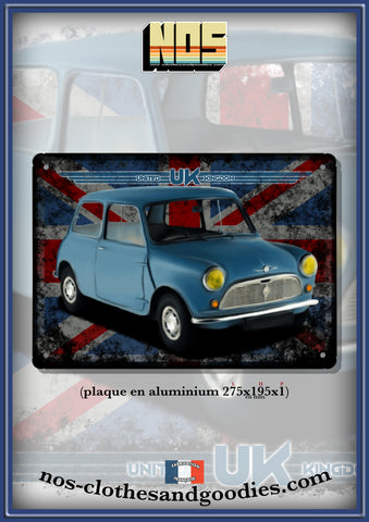 Plaque métal décorative Austin mini bleue UK