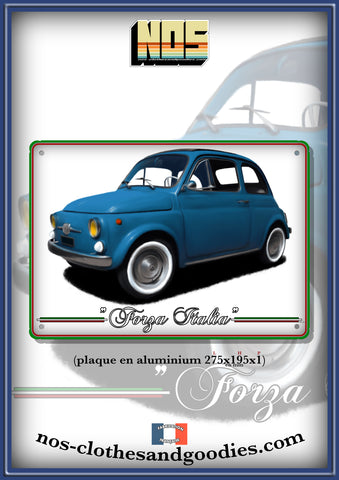 Plaque métal décorative Fiat 500 bleue