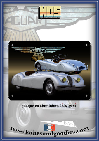 Plaque métal décorative Jaguar XK120 roadster gris av/ar 1951