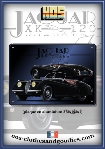 Plaque métal décorative Jaguar XK120 roadster noir 1951 avant/arrierre