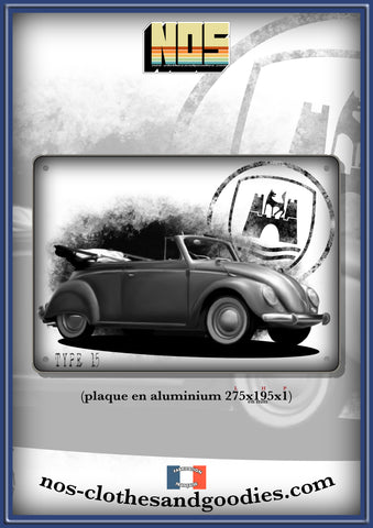 Plaque métal décorative VW cox cabriolet type 15 noir et blanc