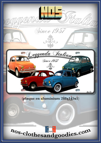 plaque métal type immatriculation Us Fiat 500 "leggenda italianna "