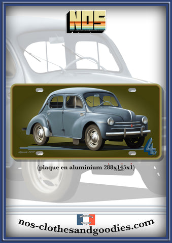 Plaque métal type immatriculation us Renault 4cv bleue verte