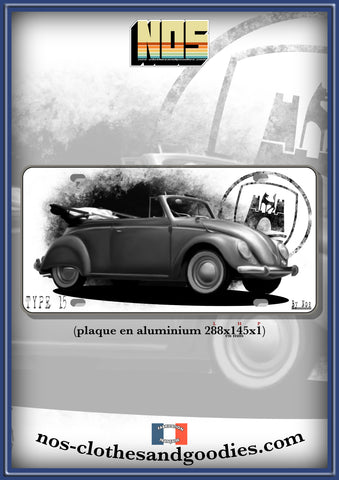 Plaque métal type immatriculation us VW cox cabriolet type 15 noir et blanc