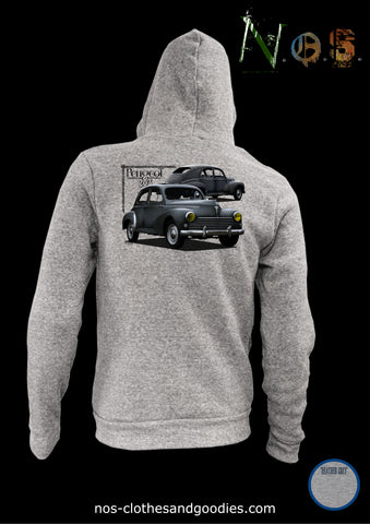 Unisex hooded zip sweatshirt Peugeot 203 gray 1952 front/rear