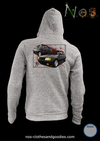 unisex hooded zip sweatshirt Peugeot 205 GTI black front/rear