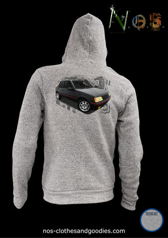 unisex hooded zip sweatshirt Peugeot 205 1.9 GTI black "front"