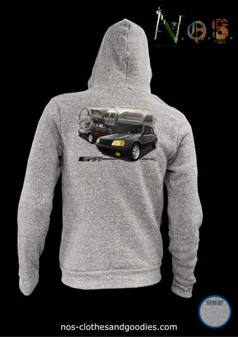 unisex hooded zip sweatshirt Peugeot 205 GTI black "full view"