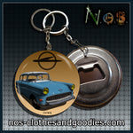 Badge/magnet/bottle opener key ring Opel olympia rekord P1 blue 1957