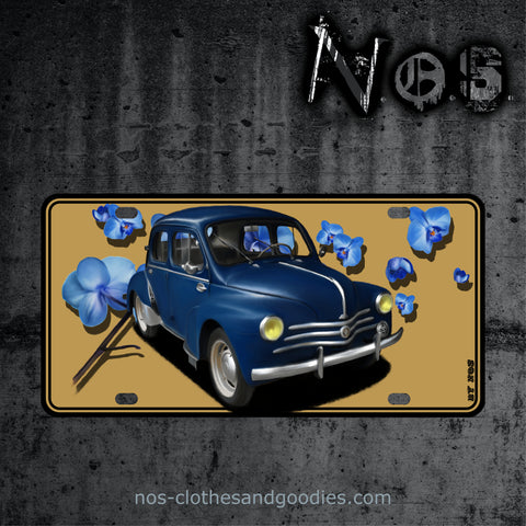 plaque alu immatriculation us Renault 4cv orchidee bleue